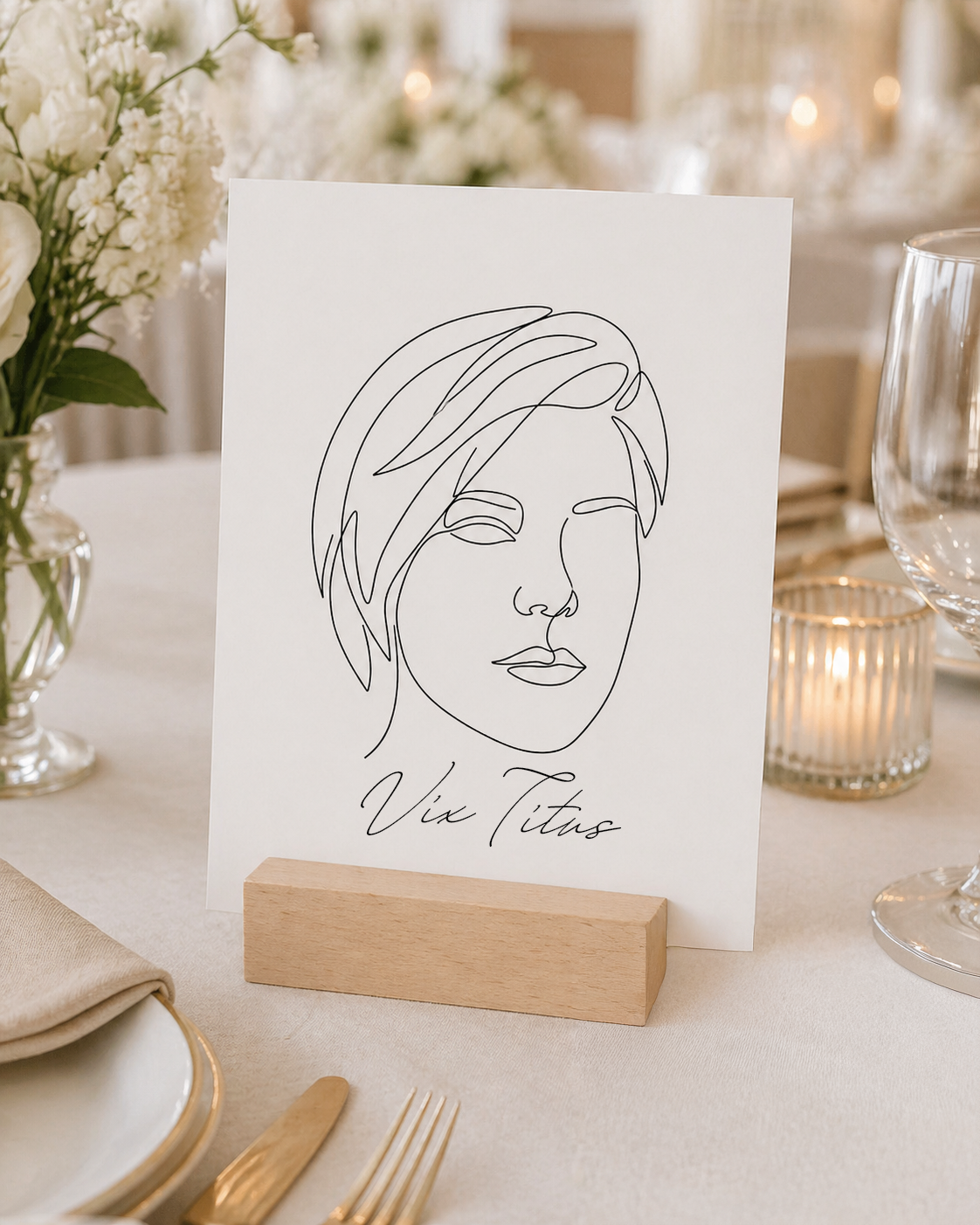 Line art portrait of Vix Titus on a wooden stand at a wedding table