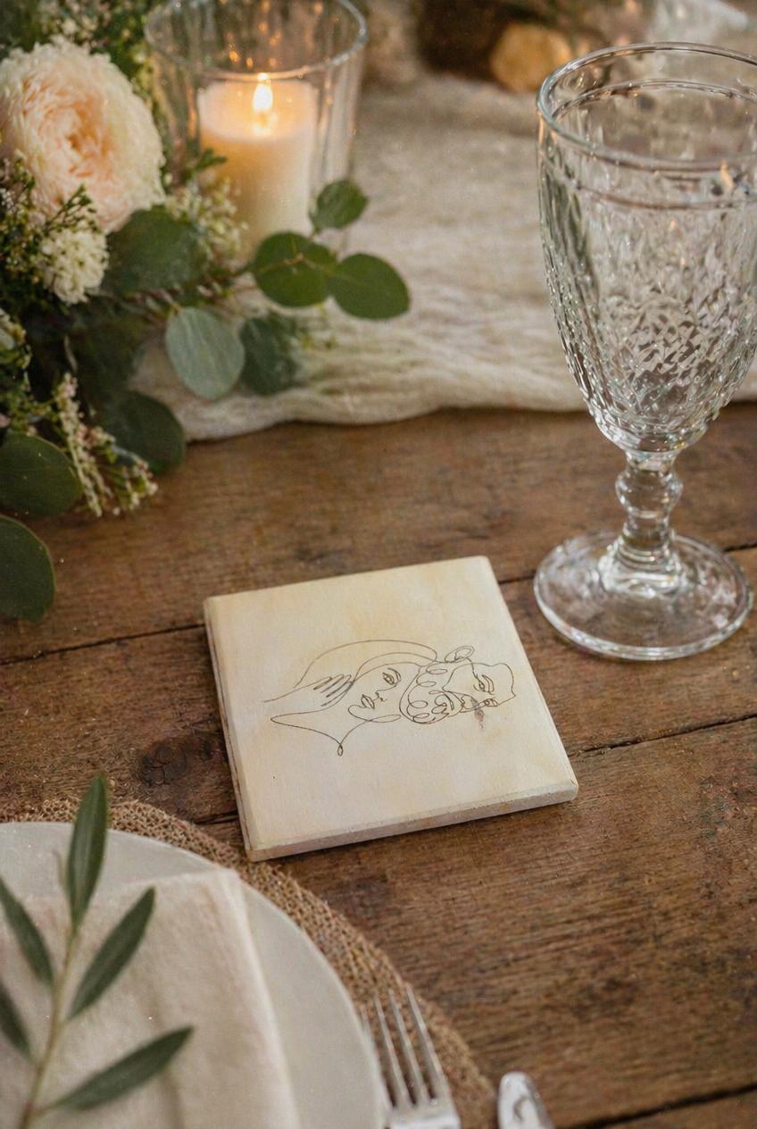 Engraved wooden coaster with line art couple portrait on a rustic wedding table