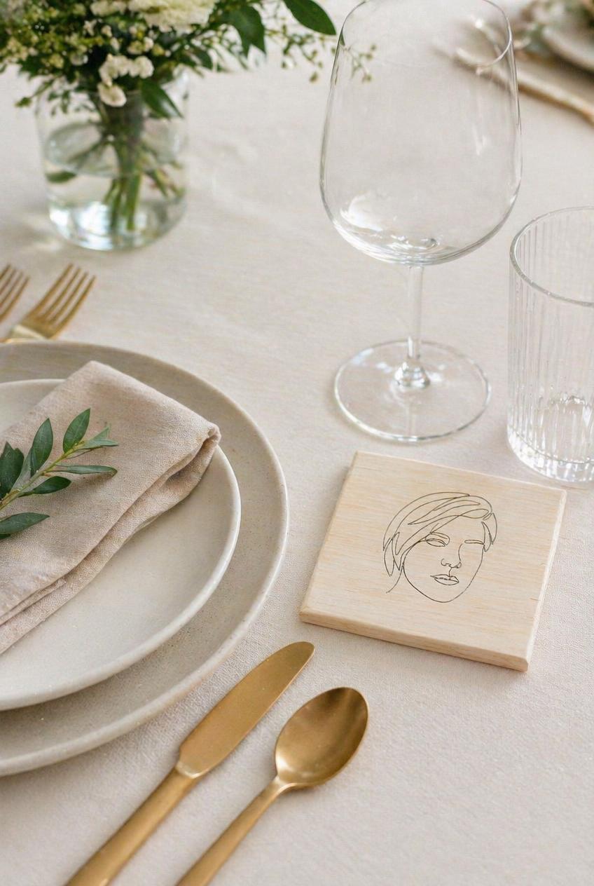 Engraved wooden coaster with line art portrait on a minimal modern wedding table