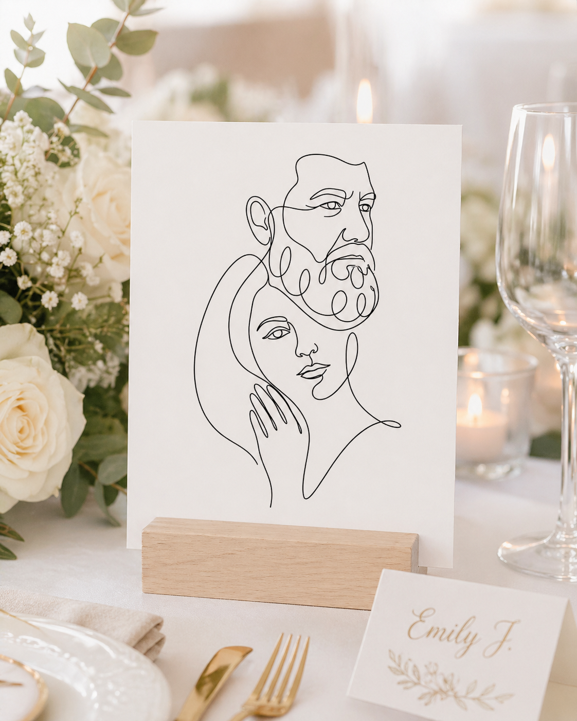 Hand-drawn line-art wedding portrait of a couple displayed on a reception table